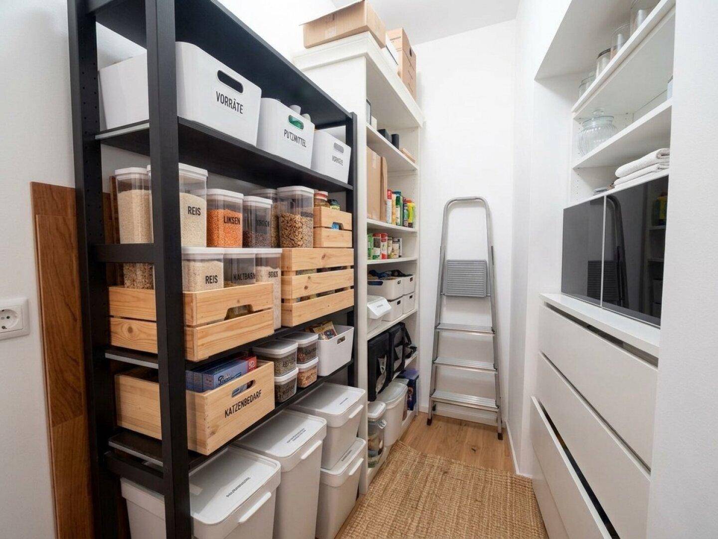 Praktische Speisekammer mit Regalsystemen und zahlreichen Vorratsbehältern.