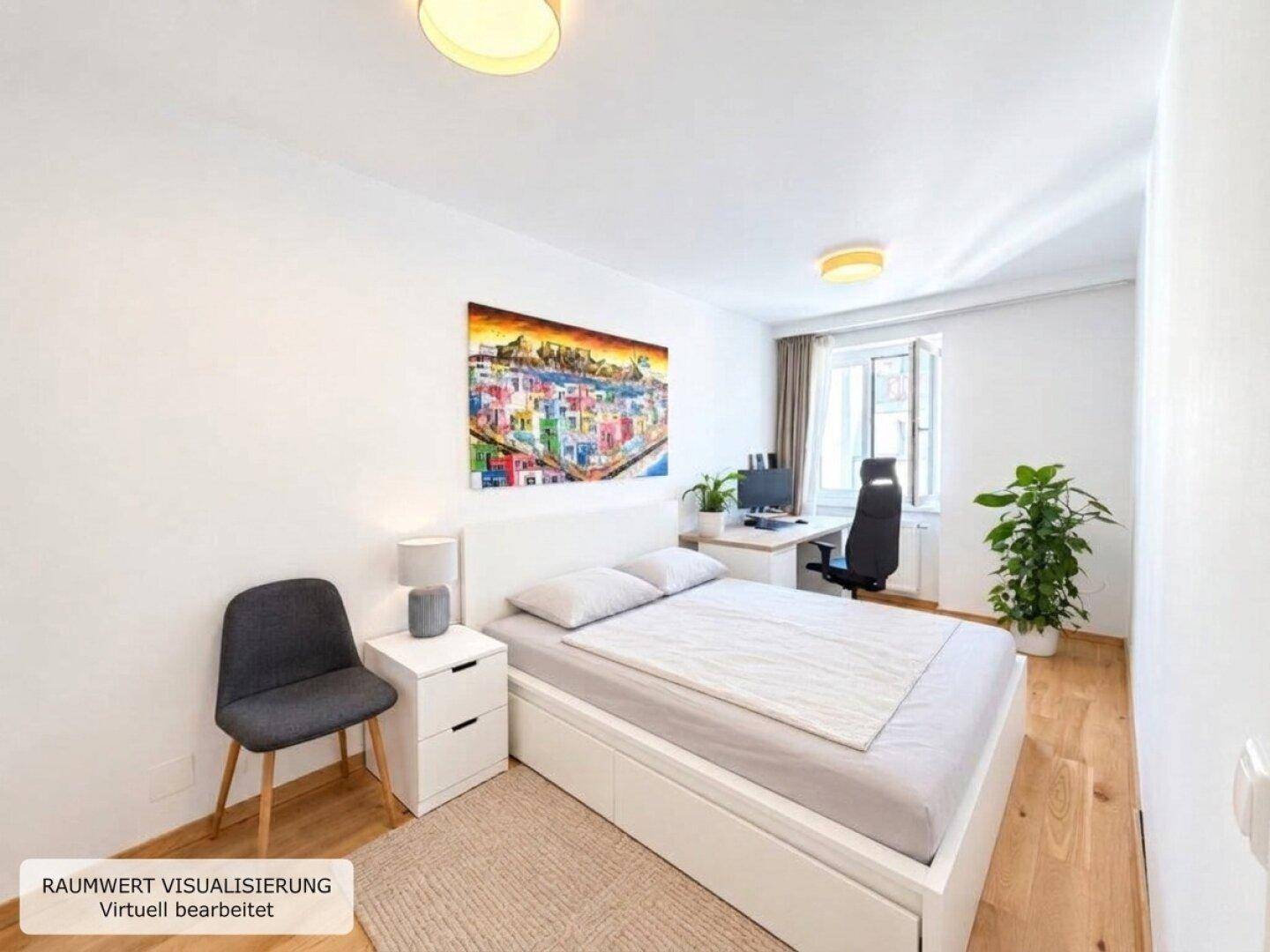 Virtuell eingerichtetes Schlafzimmer mit Doppelbett, Schreibtisch und Holzboden.