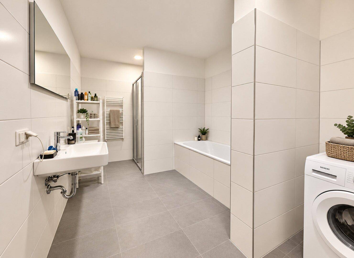 Modernes Badezimmer mit Badewanne, begehbarer Dusche, Waschmaschine und Handtuchheizkörper.