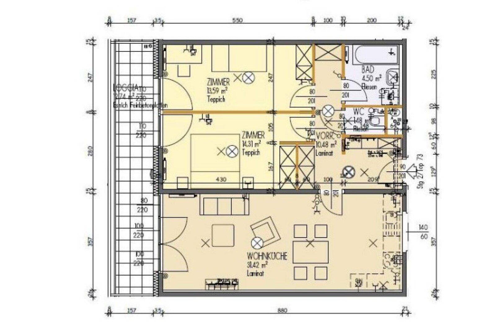 Detaillierter Grundriss einer Wohnung mit Loggia, zwei Schlafzimmern und offenem Wohnbereich.