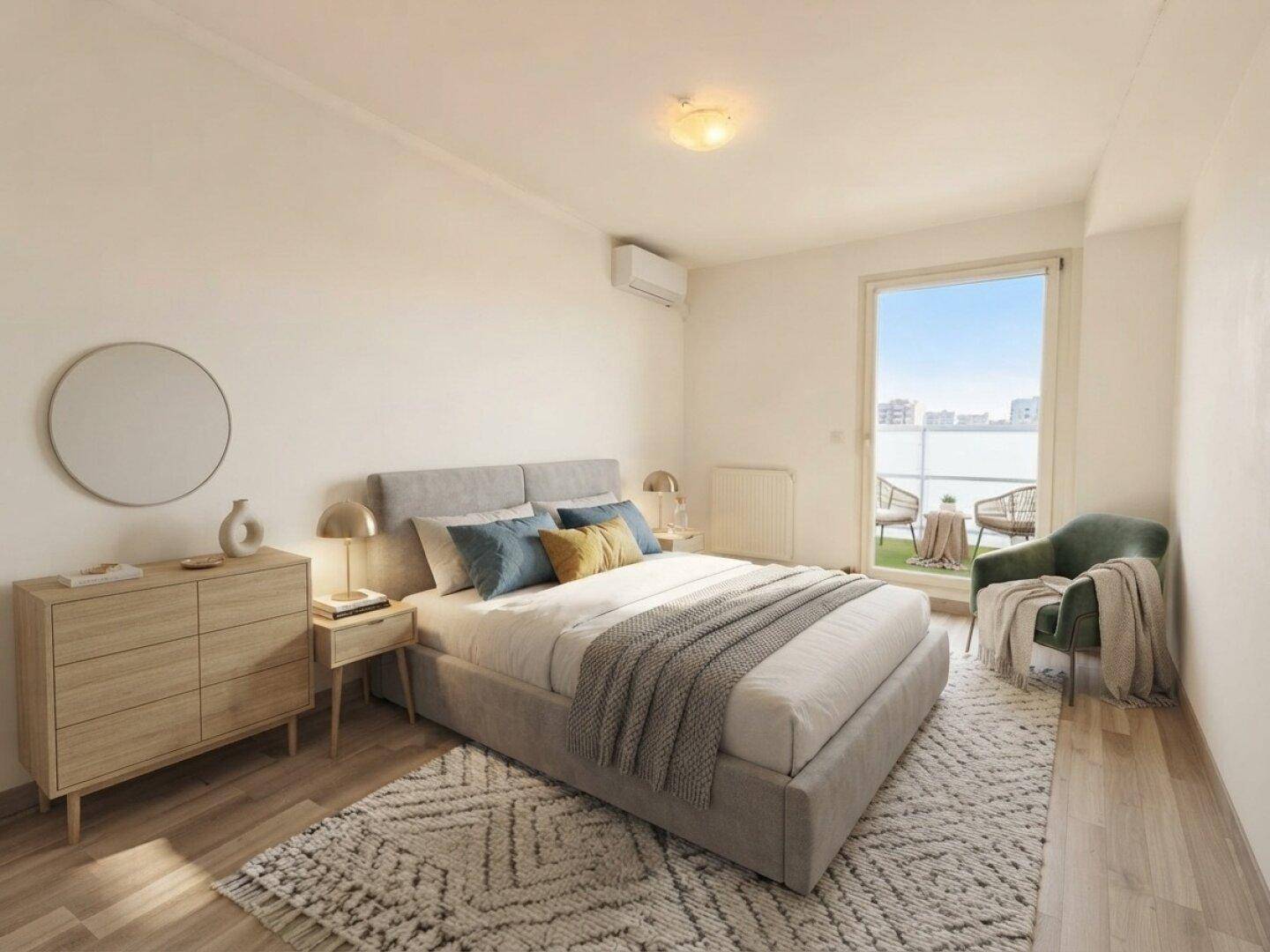 Virtuell inszeniertes Schlafzimmer mit modernem Bett, Holzboden und Zugang zu einem Balkon.