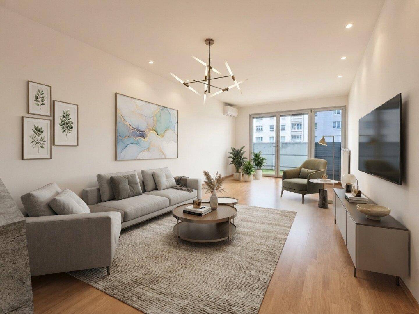 Virtuell inszeniertes Wohnzimmer mit modernem Mobiliar, Holzboden und Zugang zum Balkon.