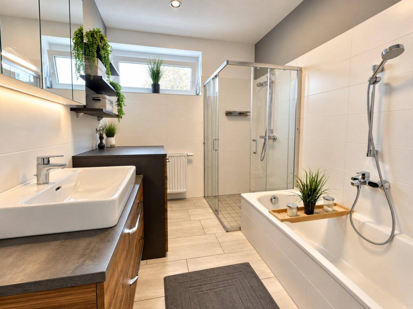 Modernes Badezimmer mit Badewanne, begehbarer Dusche, Einzelwaschbecken und Fenster für Tageslicht.