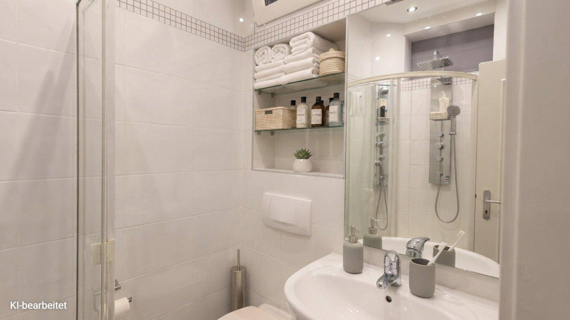 Modernes Badezimmer mit Duschkabine, Waschbecken und weißen Fliesen.