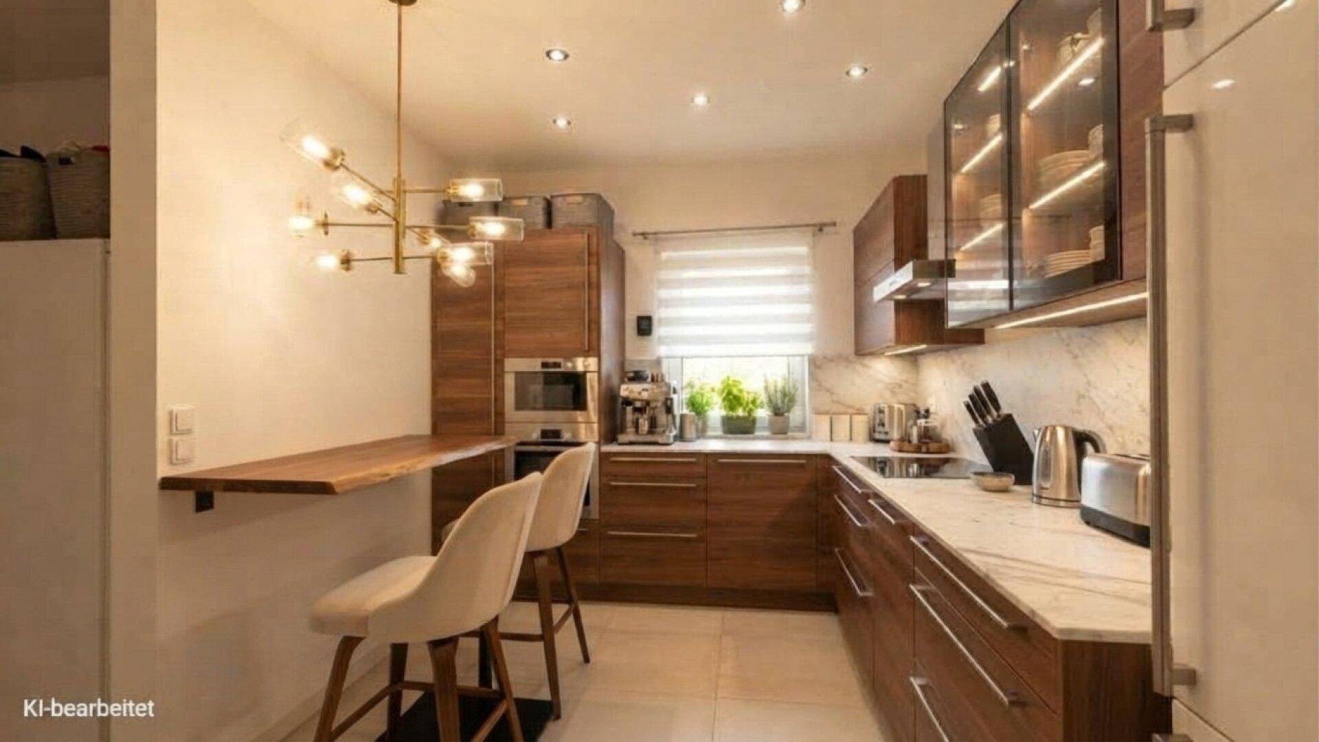 Moderne Küche mit Holzschränken, heller Arbeitsplatte und integrierter Frühstücksbar.