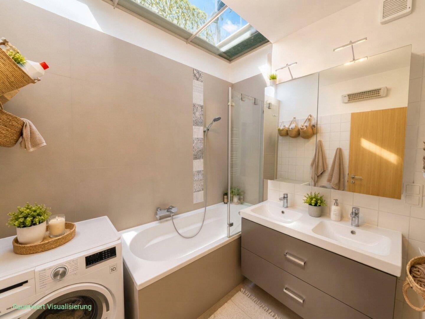 Modernes Badezimmer mit Badewanne, Dusche, Doppelwaschbecken und Oberlicht für natürliches Licht.
