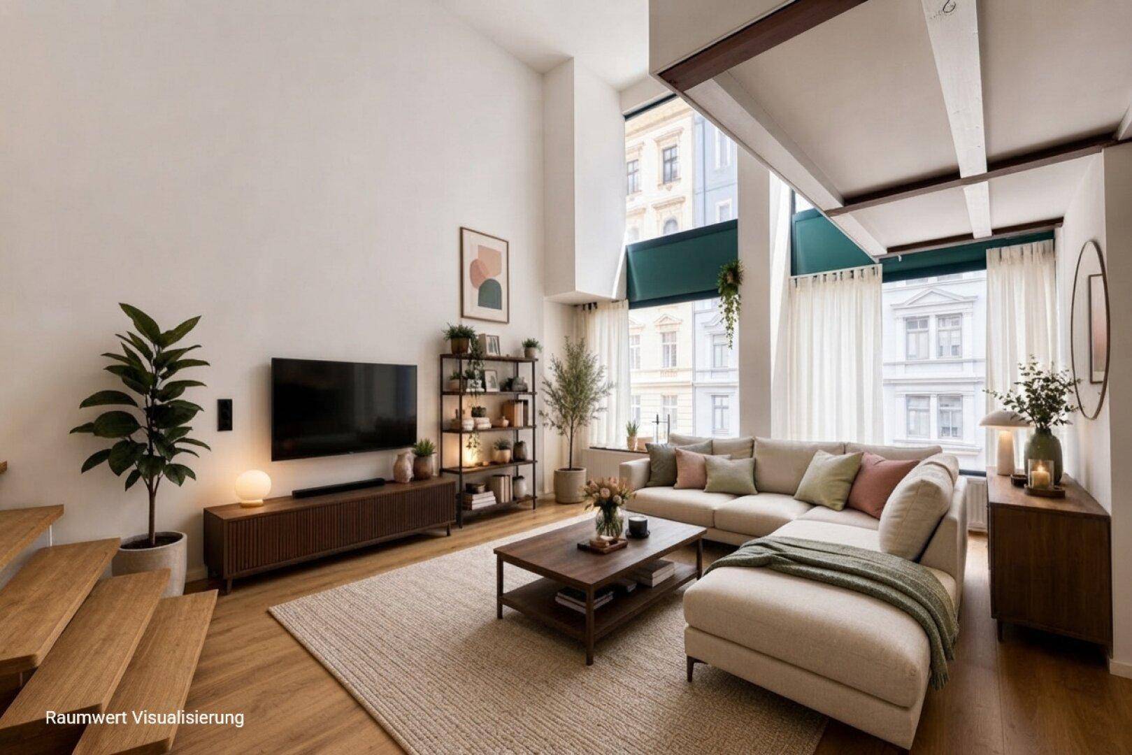 Gemütliches Wohnzimmer mit hohen Decken, großen Fenstern und beigem Ecksofa.