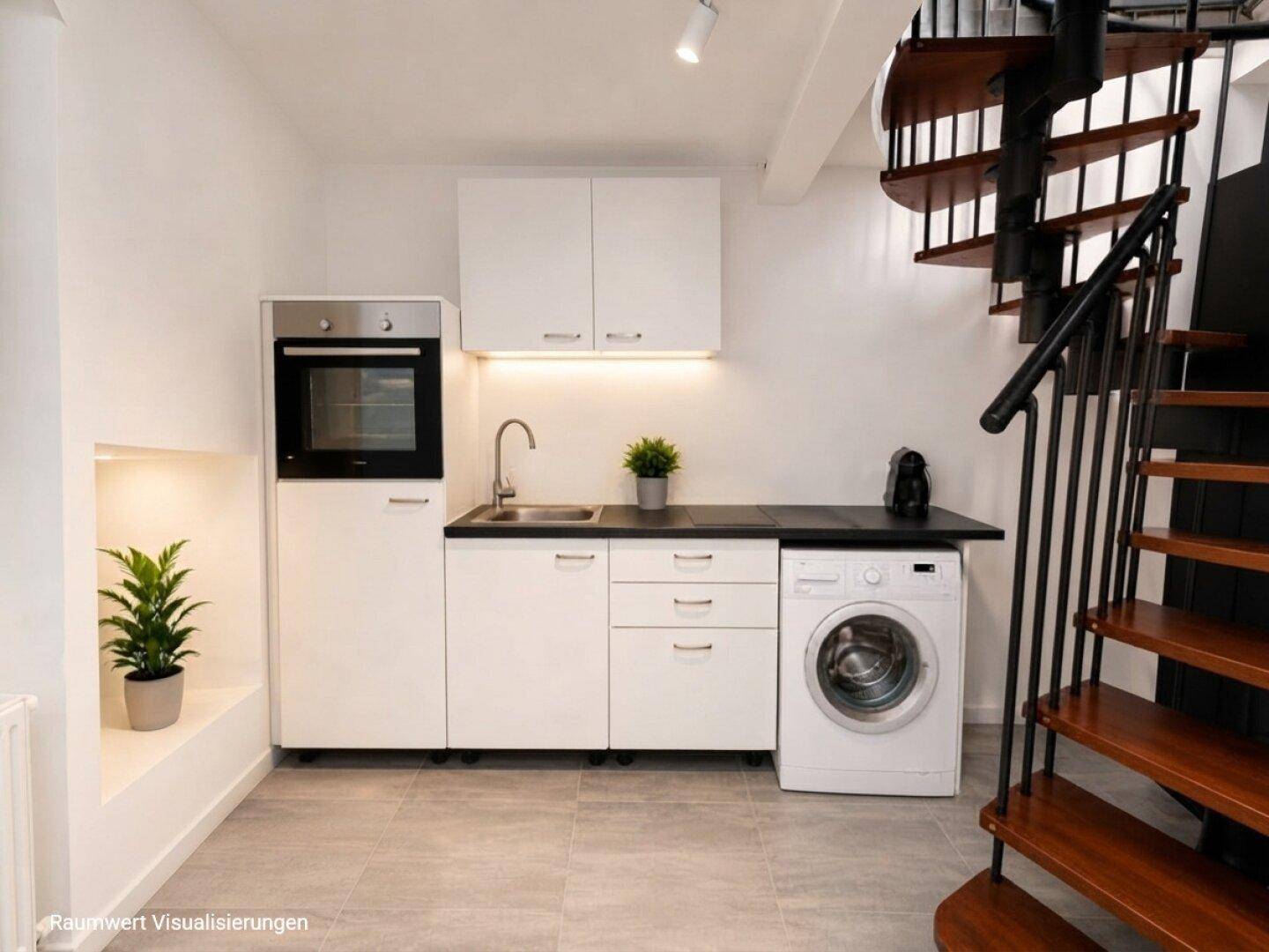 Kompakte Küche mit weißen Schränken, integriertem Backofen und einer eleganten Wendeltreppe.