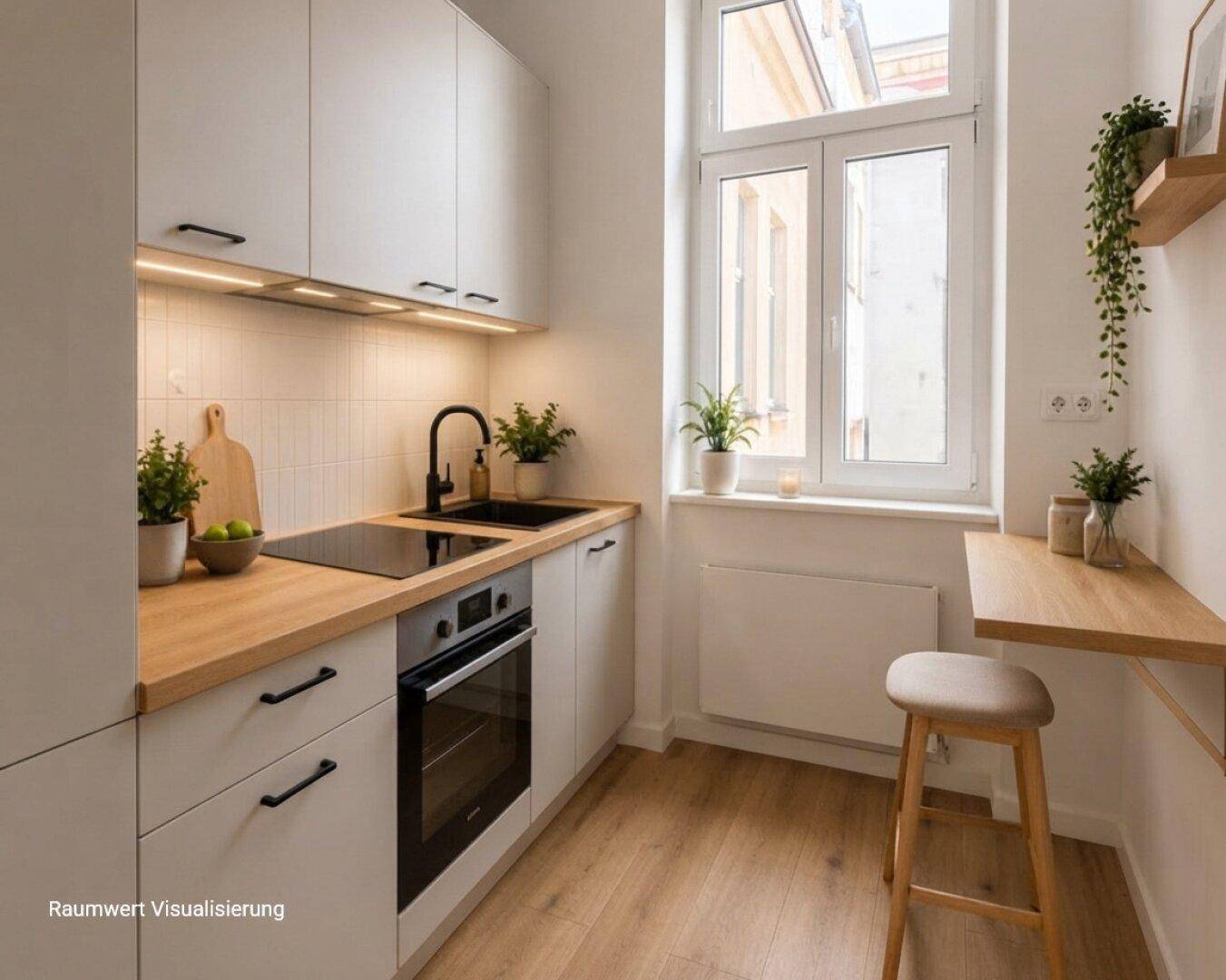 Moderne, helle Küche mit weißen Schränken, Holz-Arbeitsplatte, Induktionskochfeld und Fenster.