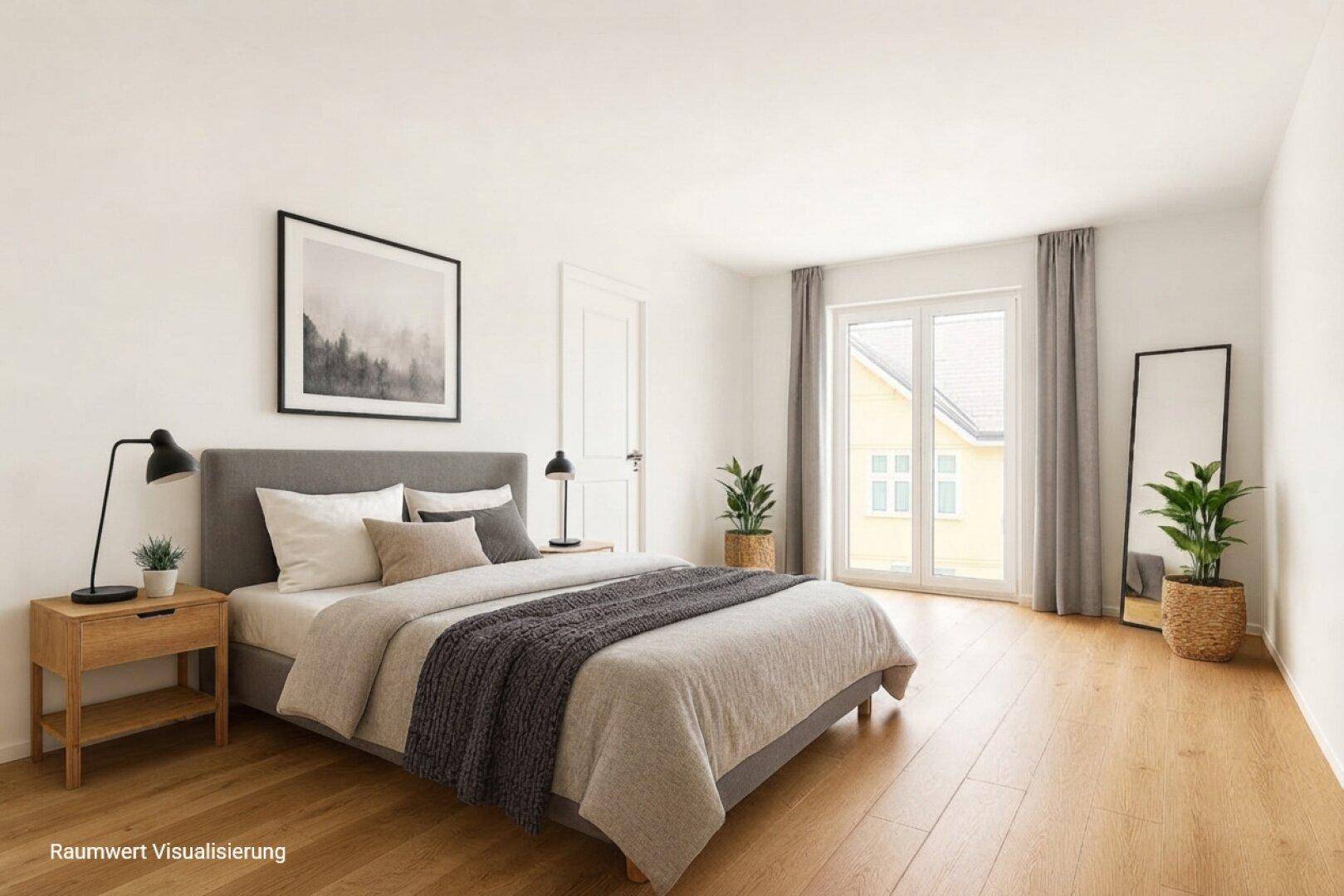 Modern eingerichtetes Schlafzimmer mit Holzboden, Doppelbett und großem Fenster.