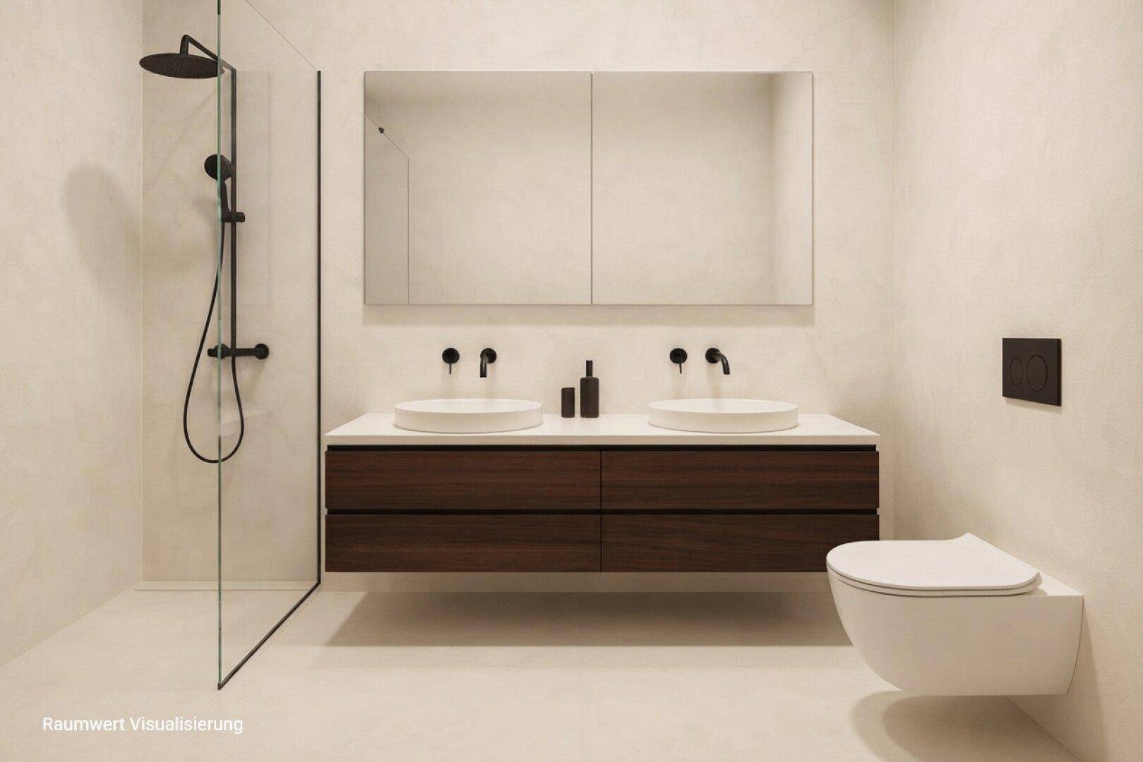 Elegantes Badezimmer mit großer begehbarer Dusche, Doppelwaschbecken und Wand-WC.