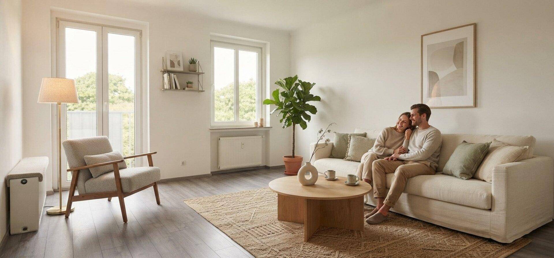 Helles Wohnzimmer mit modernem Sofa, Holzboden und großen Fenstern.