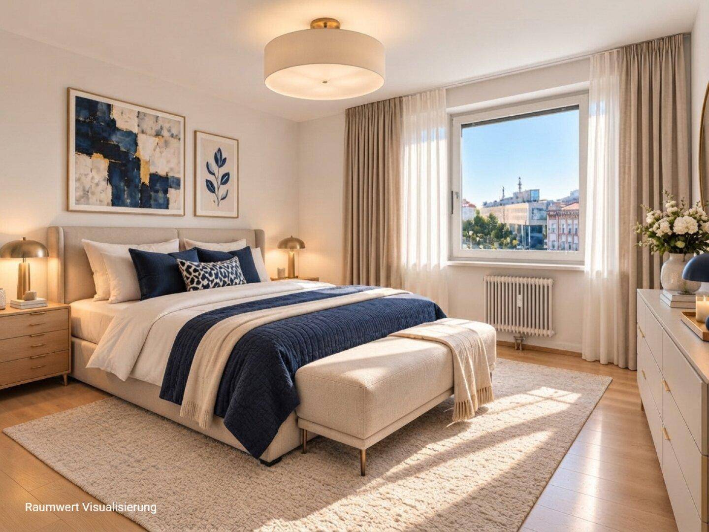 Modernes Schlafzimmer mit großem Doppelbett, blauen Akzenten und hellem Holzboden.