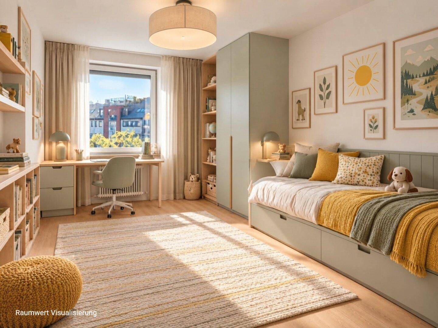 Freundliches Kinderzimmer mit Einzelbett, Schreibtisch, Holzboden und bunten Dekorationen.