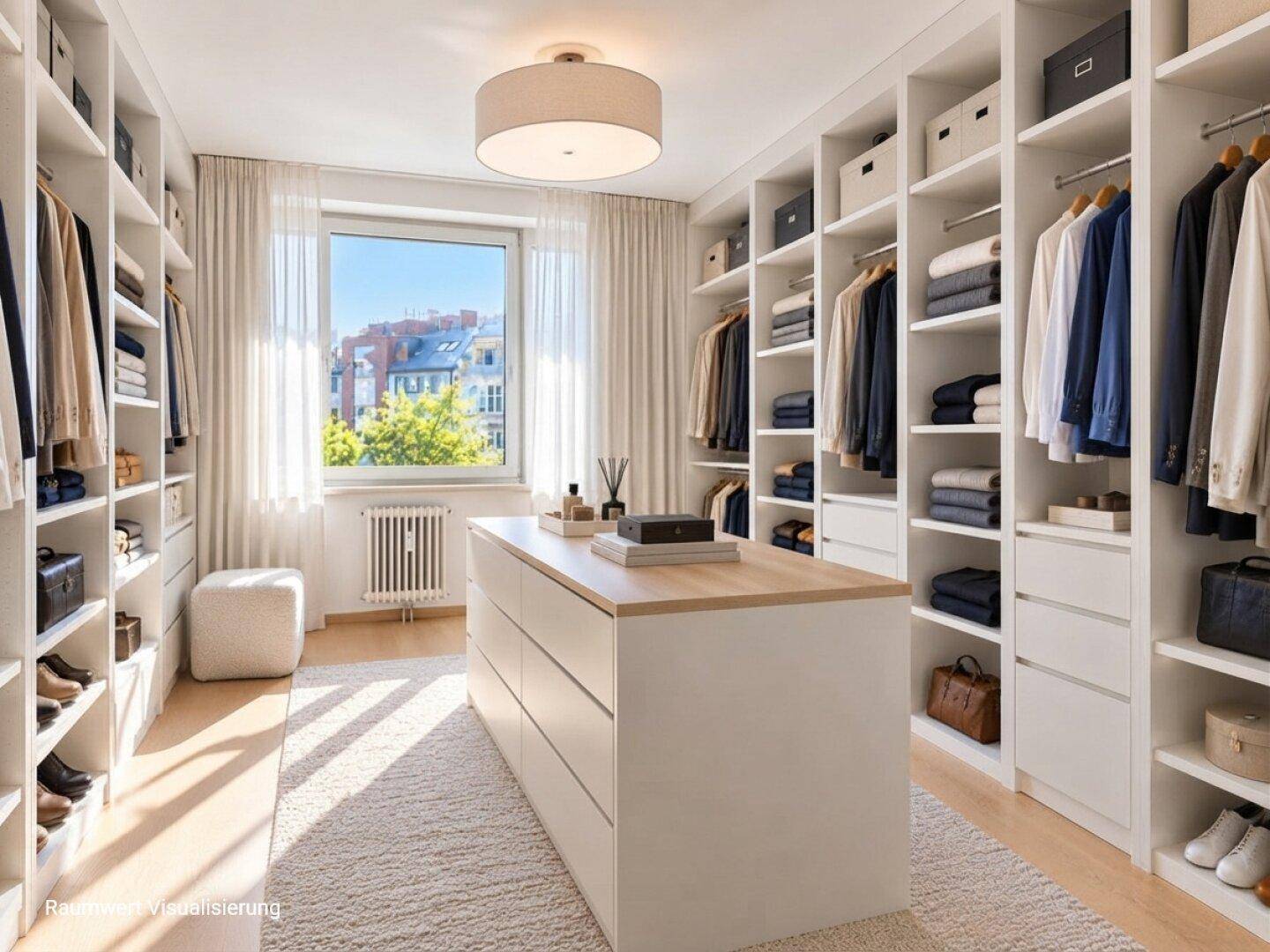 Geräumiger begehbarer Kleiderschrank mit viel Stauraum, Regalen und einer zentralen Kommode.
