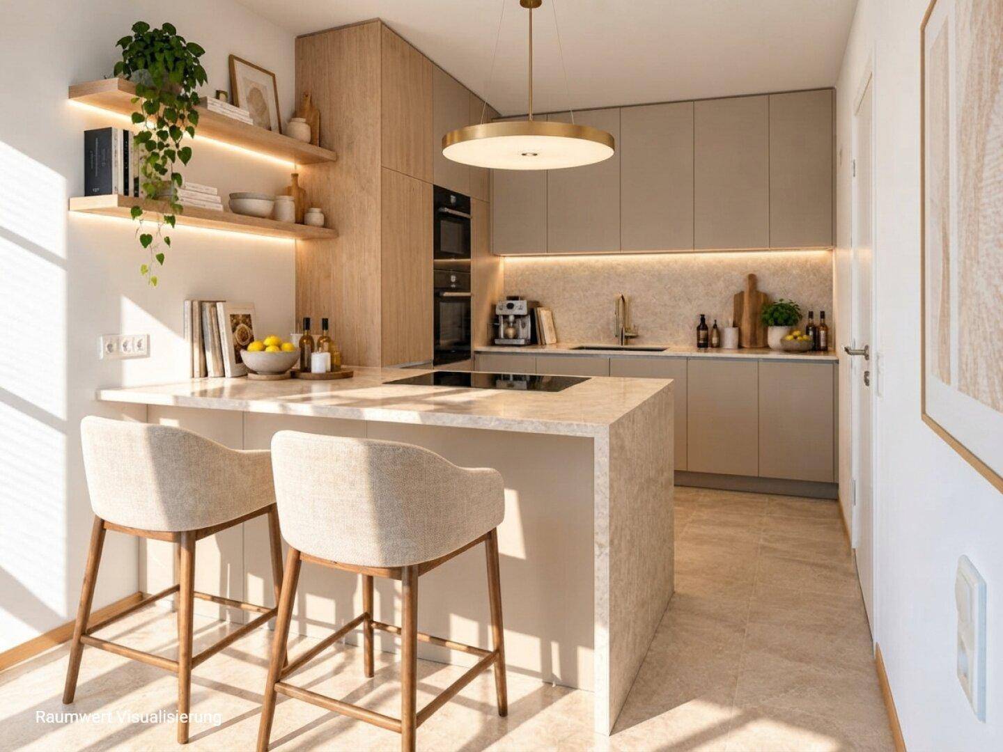 Moderne Küche mit Kücheninsel, integrierten Geräten und hellen Holz- und Beigetönen.