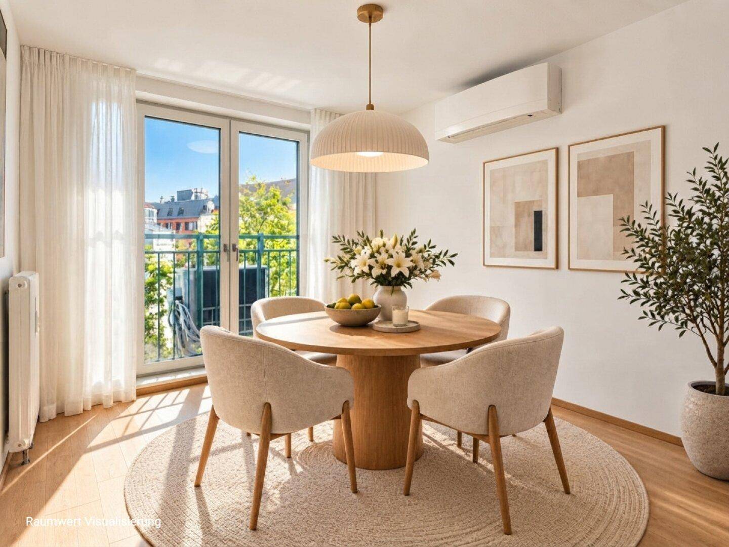 Heller Essbereich mit rundem Holztisch, modernen Stühlen und direktem Zugang zum Balkon.