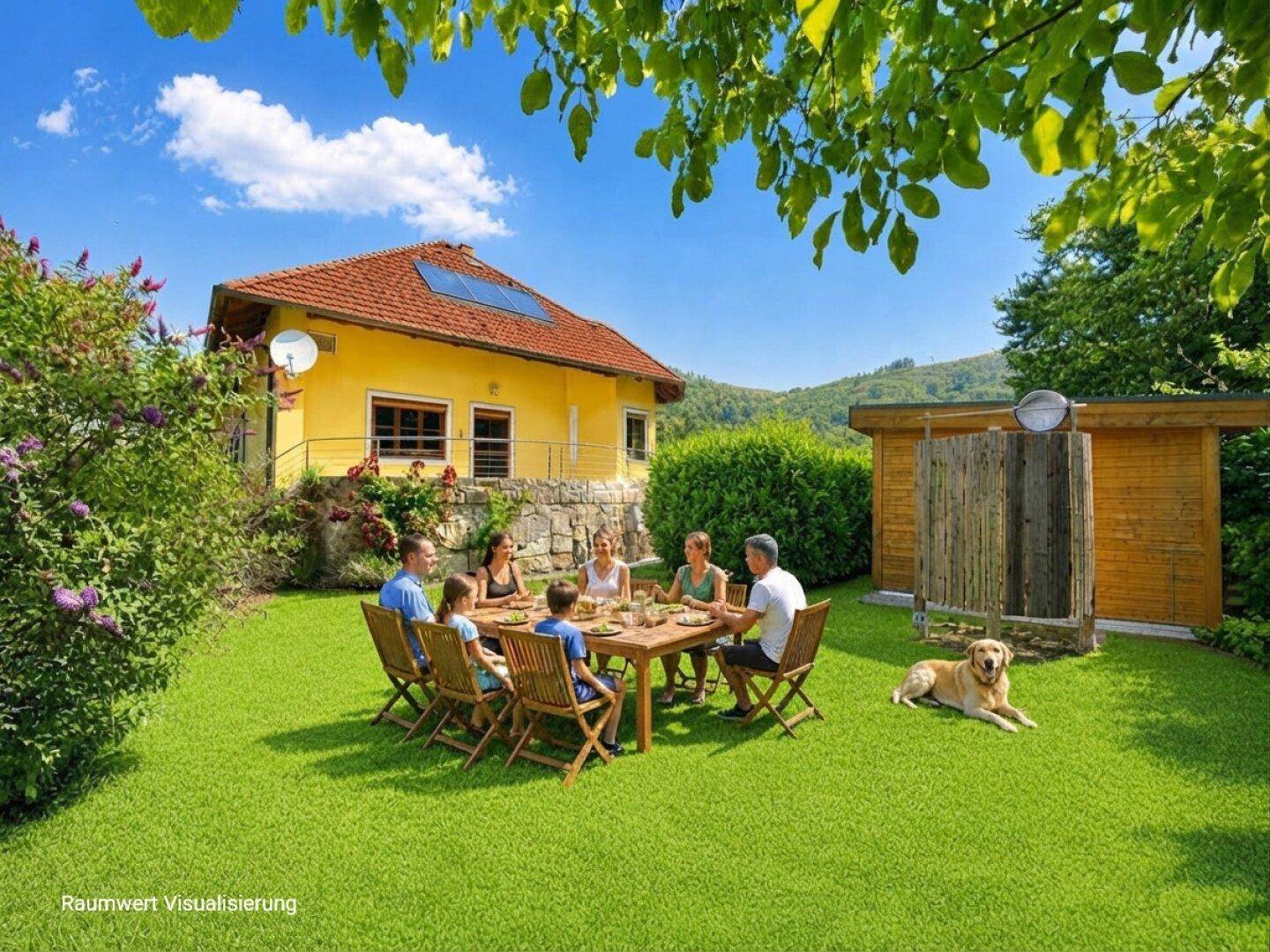 Großer, gepflegter Garten mit Esstisch im Freien und viel Platz für die Familie.