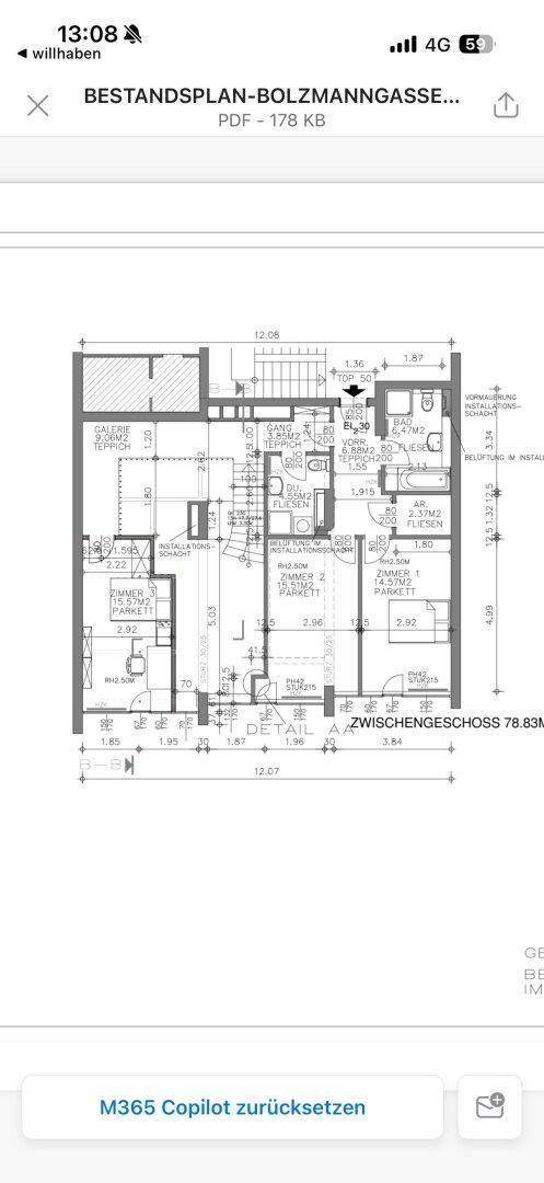 Grundriss des Zwischengeschosses mit detaillierter Raumaufteilung und Maßen.
