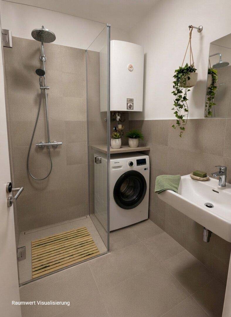 Modernes Badezimmer mit ebenerdiger Dusche, Waschbecken und integrierter Waschmaschine.