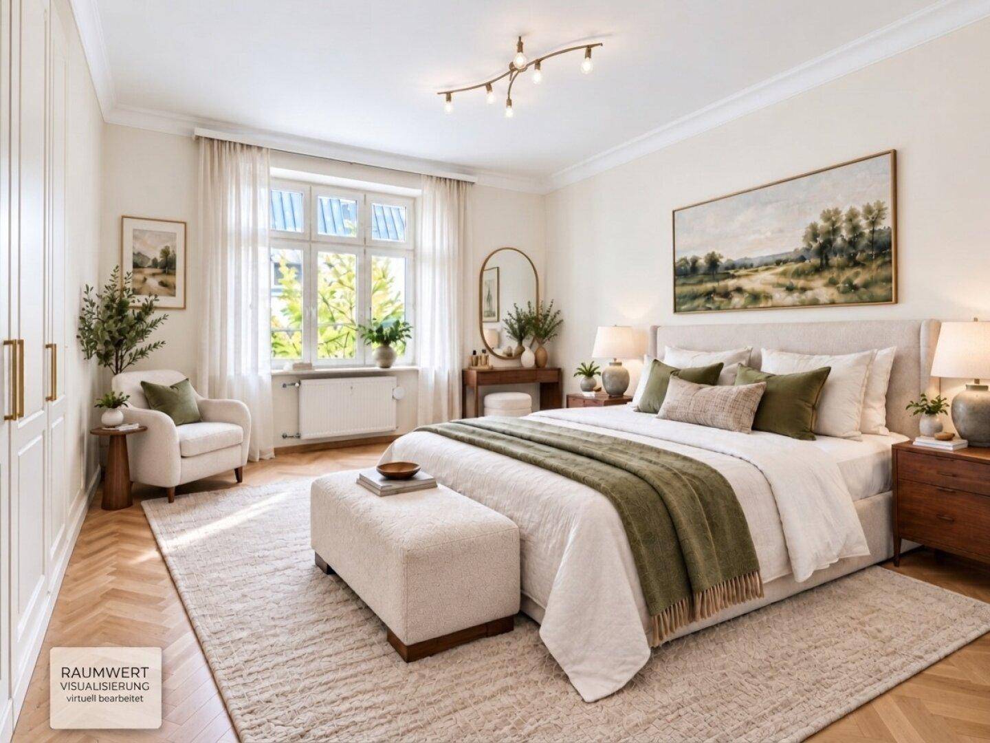 Virtuell eingerichtetes Schlafzimmer mit hellem Fischgrätparkett, großem Fenster und moderner Dekoration.