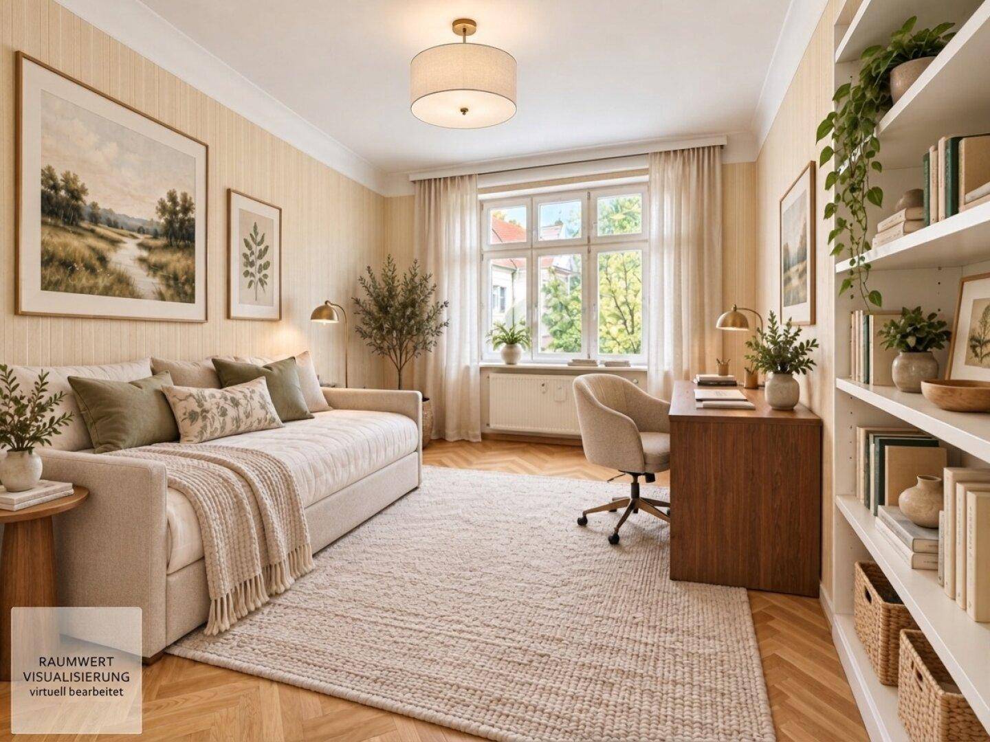 Virtuell inszeniertes Arbeitszimmer mit Tagesbett, Schreibtisch und Bücherregal, ideal für Home-Office.