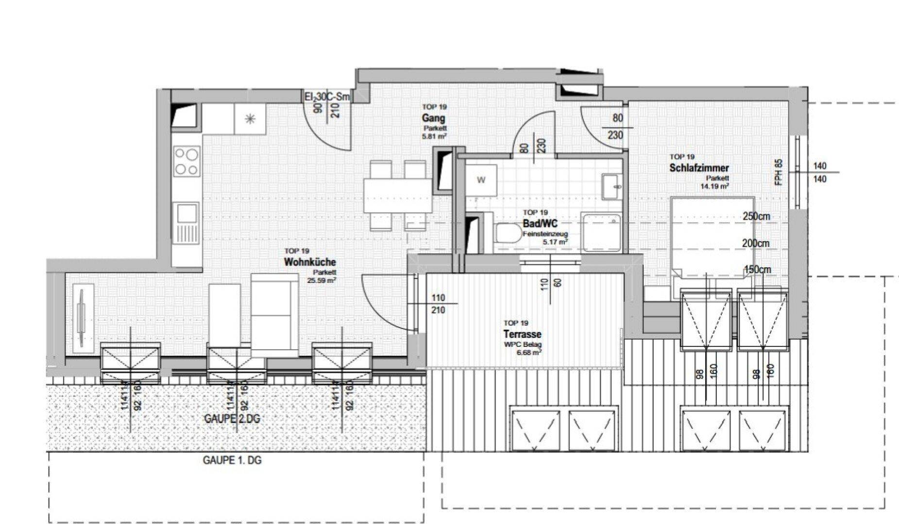 Grundriss einer Wohnung mit offener Wohnküche, Schlafzimmer und Terrasse.