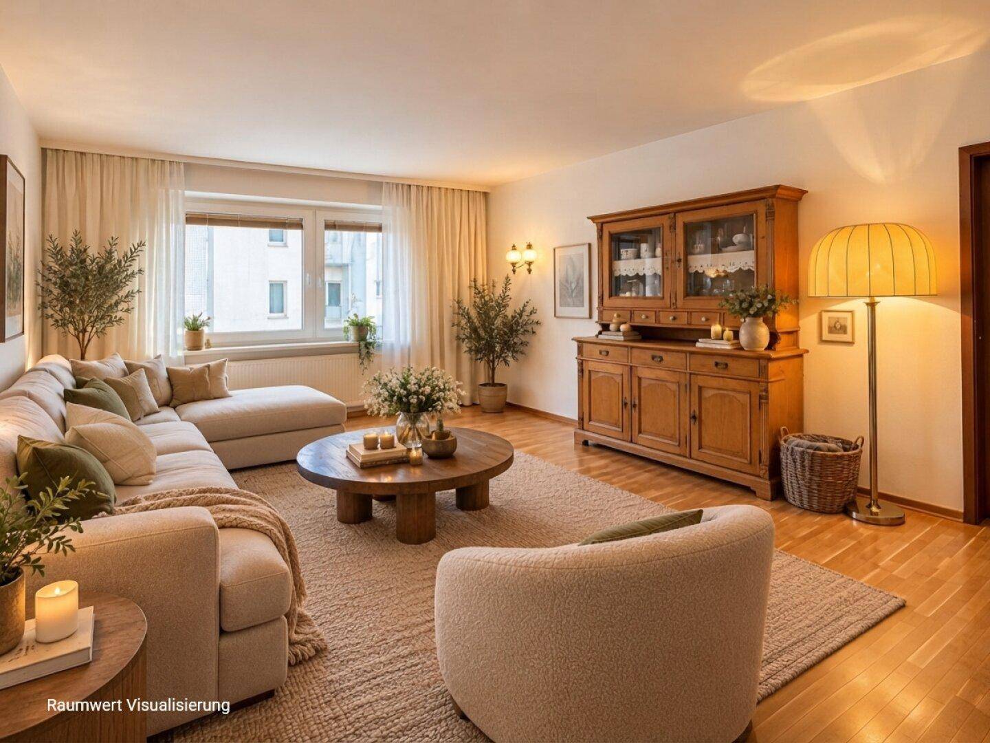 Gemütliches Wohnzimmer mit großem Sofa, Holzboden und traditionellem Schrank.