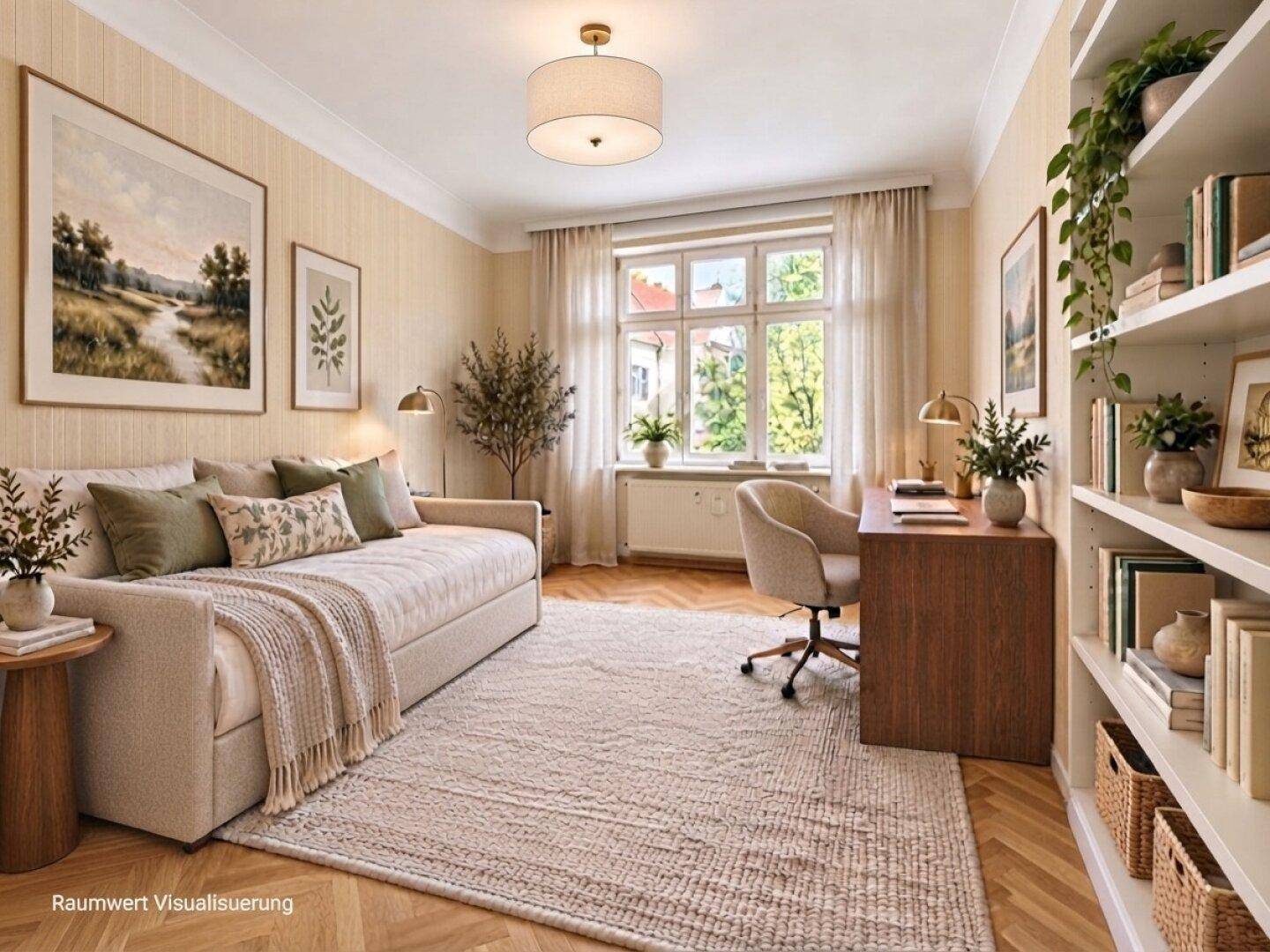 Virtuell gestaltetes Arbeitszimmer mit Tagesbett, Schreibtisch und Bücherregal, ideal für Home-Office.