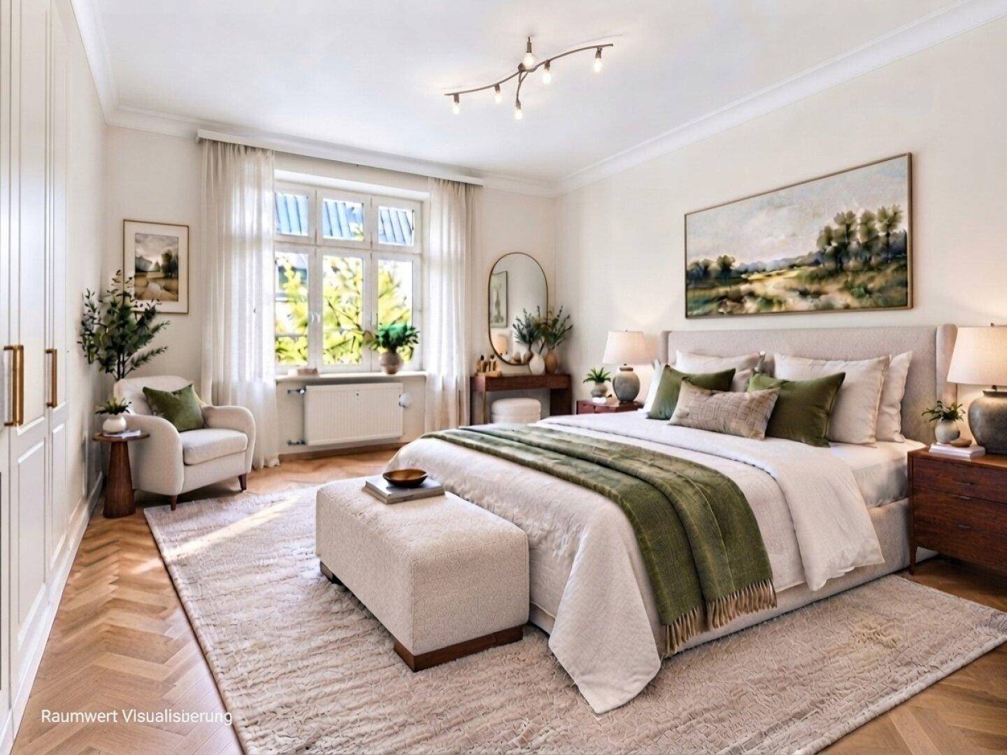 Virtuell eingerichtetes Schlafzimmer mit großem Fenster, Parkettboden und gemütlicher Atmosphäre.