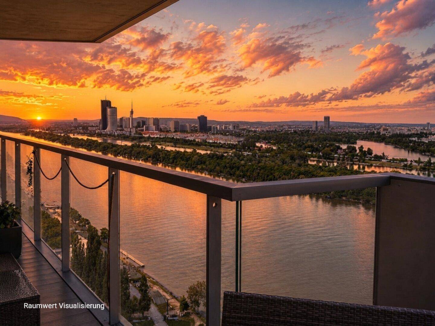 Balkon mit atemberaubendem Sonnenuntergang über dem Fluss und der beeindruckenden Stadtkulisse.