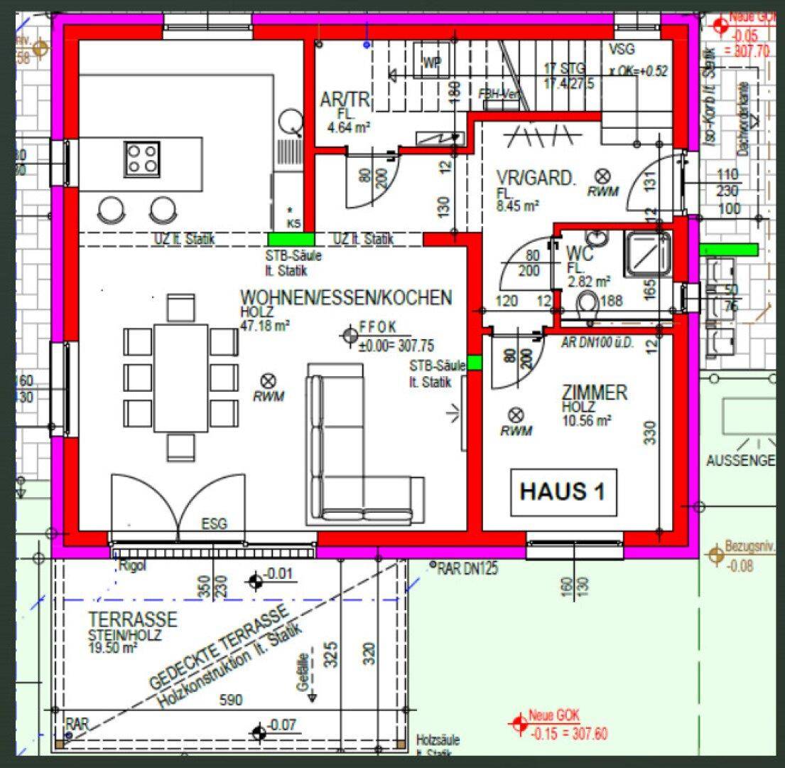 Detaillierter Grundriss des Erdgeschosses von Haus 1 mit offenem Wohn-Essbereich und Terrasse.