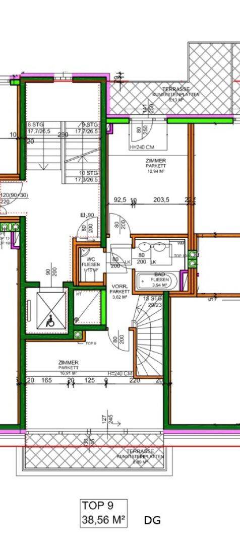 Grundriss des Dachgeschosses von Top 9 mit Zimmer, Bad, separatem WC und großer Terrasse.