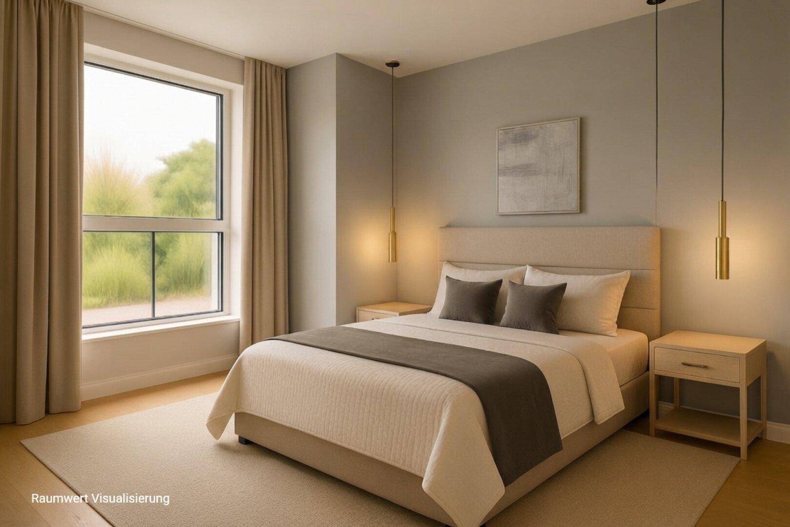 Helles Schlafzimmer mit großem Fenster, beigem Teppich und minimalistischer Einrichtung.