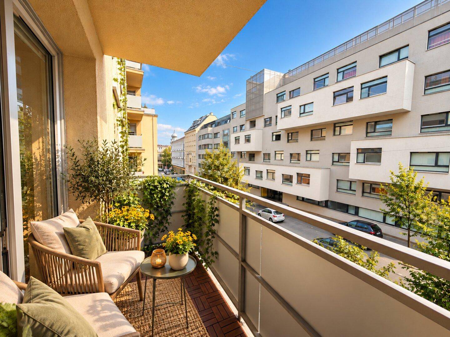 Gemütlicher Balkon mit Sitzgelegenheiten, Pflanzen und Blick auf die Stadtstraße.