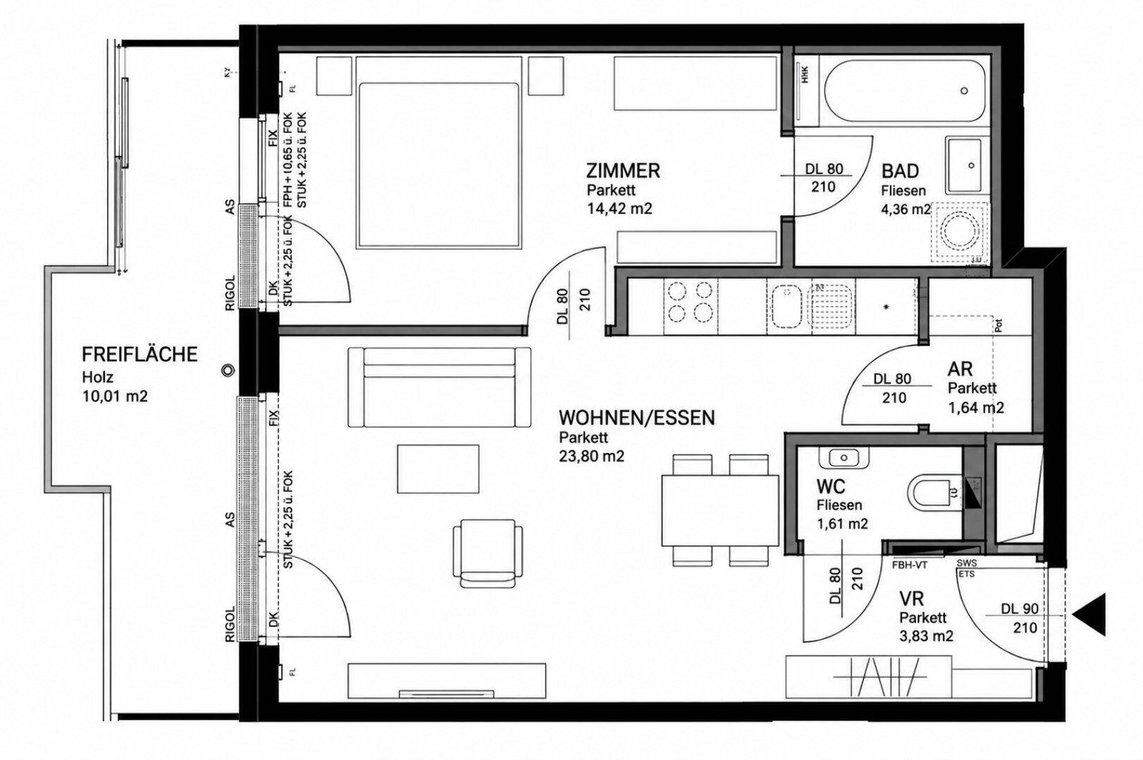 Grundriss einer Wohnung mit Wohn-/Essbereich, Schlafzimmer, Bad, WC und Balkon.