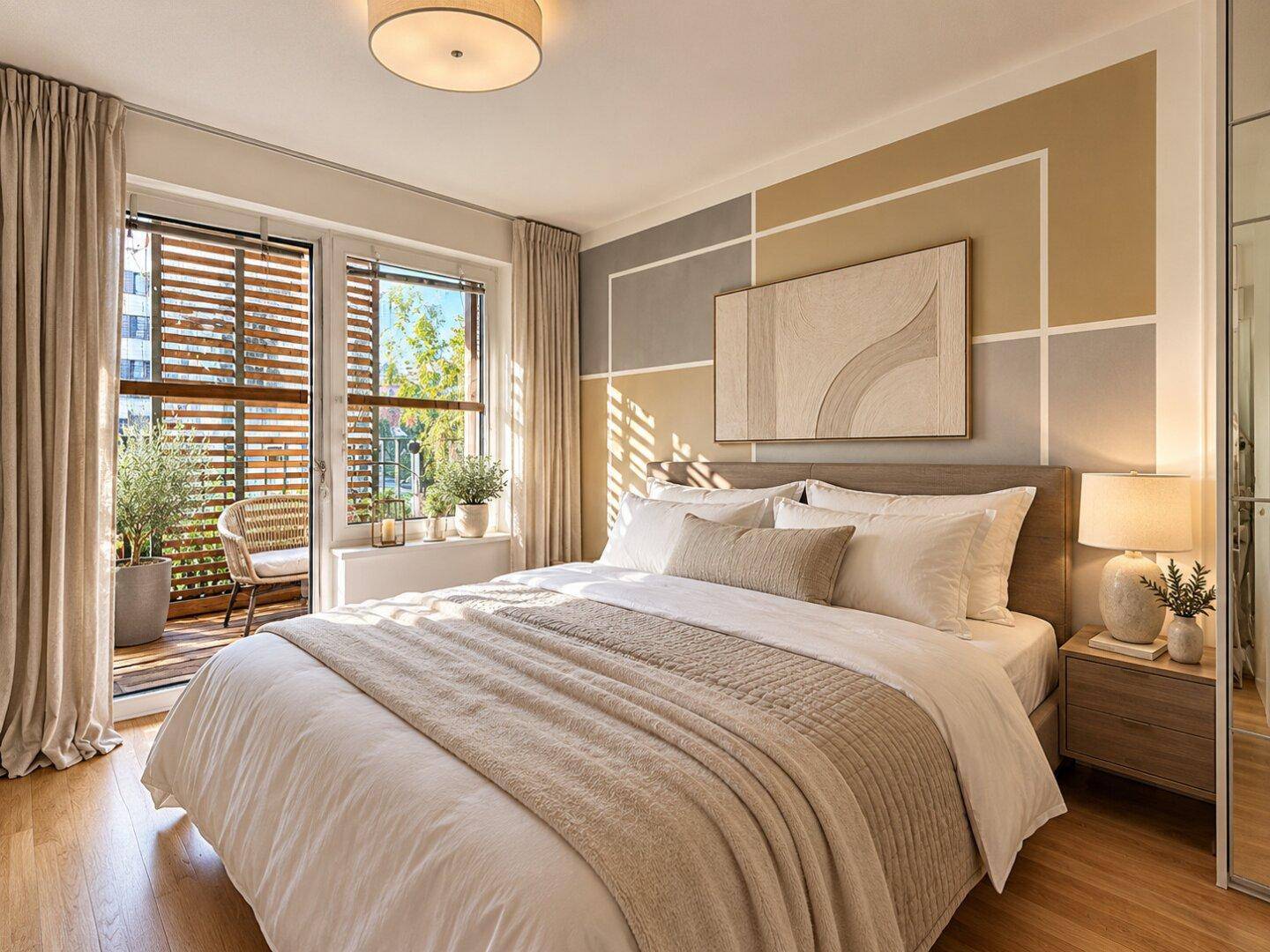 Modernes Schlafzimmer mit Holzboden, großem Bett und direktem Zugang zu einem sonnigen Balkon.