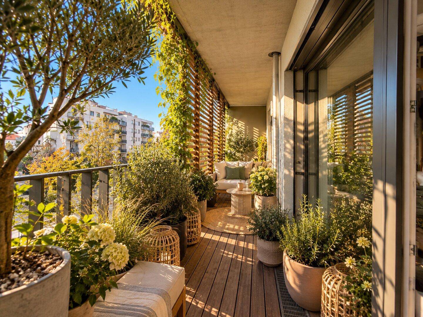 Sonniger Balkon mit Holzboden, üppiger Bepflanzung und gemütlicher Sitzecke, perfekt für entspannte Stunden.