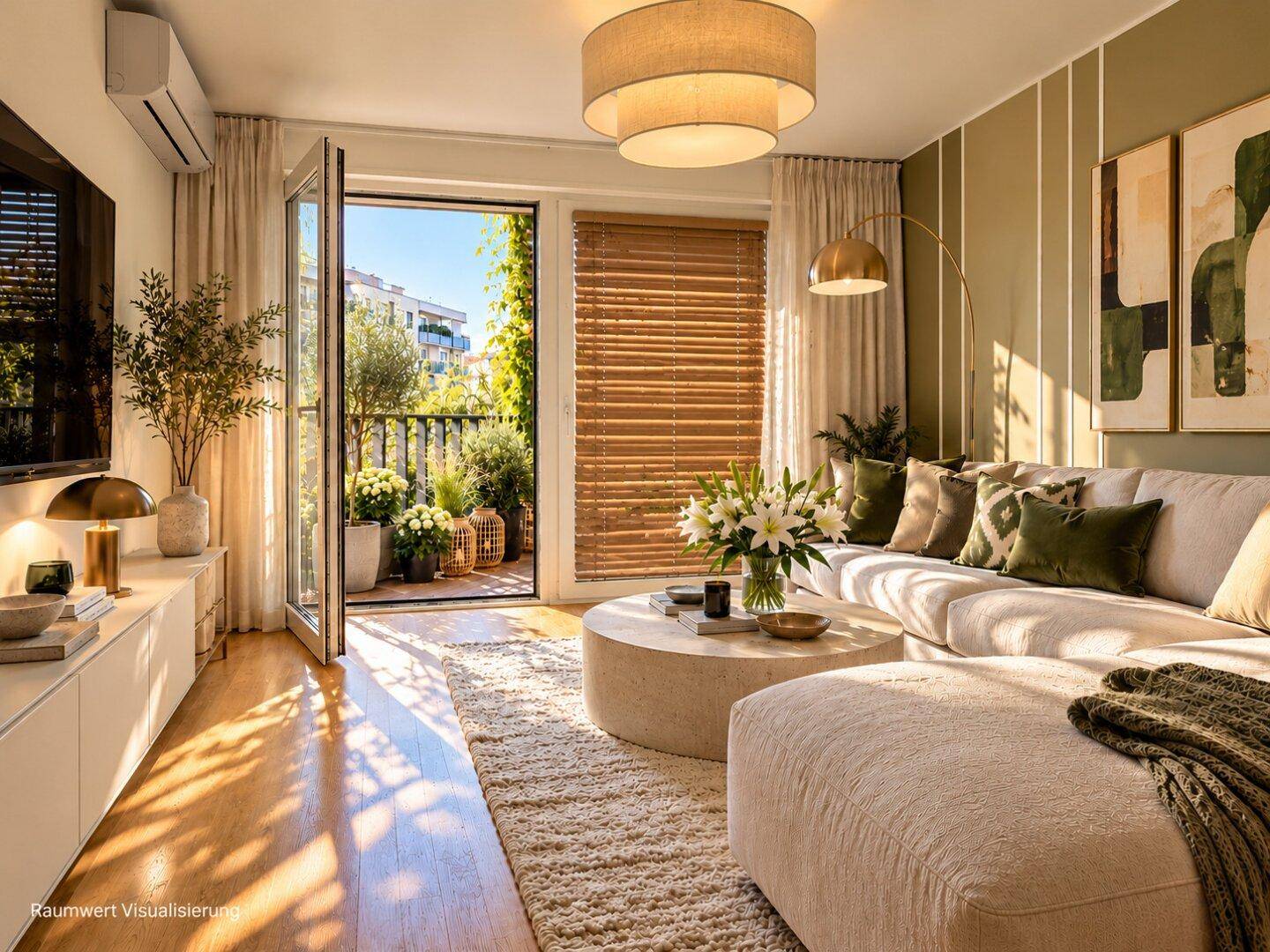 Helles Wohnzimmer mit Holzboden, beigem Sofa und Zugang zu einem sonnigen Balkon.