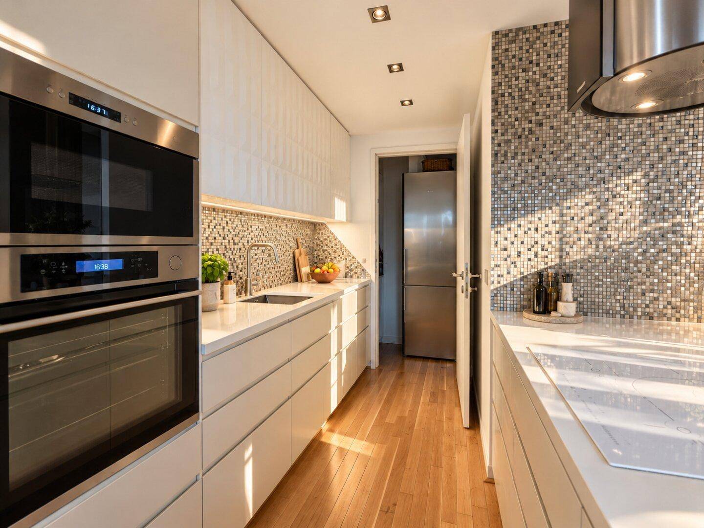 Moderne Küchenzeile mit weißen Schränken, integrierten Geräten und Mosaikfliesen als Spritzschutz.