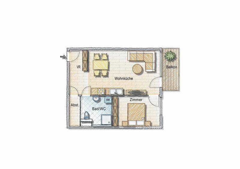 Grundriss einer Wohnung mit offener Wohnküche, einem Schlafzimmer, Bad und Balkon.