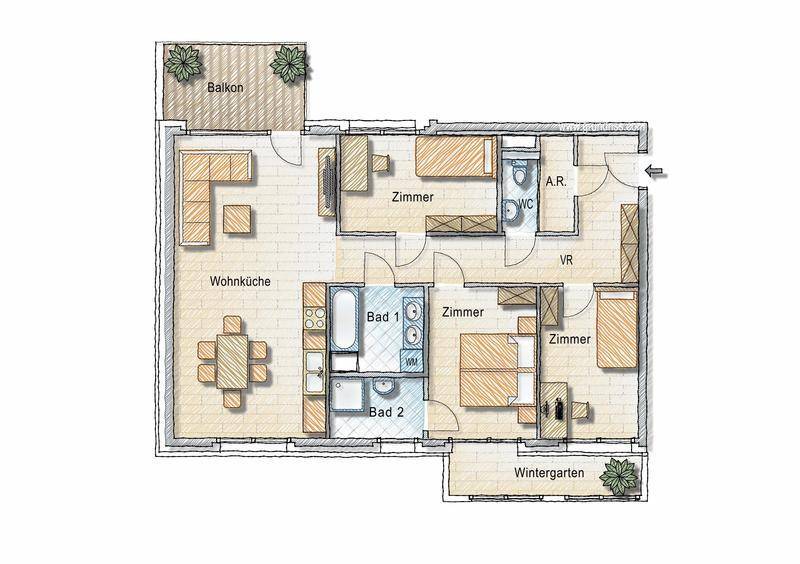 Detaillierter Grundriss einer größeren Wohnung mit mehreren Zimmern, zwei Bädern und Wintergarten.