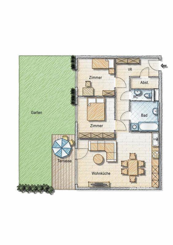 Grundriss einer Erdgeschosswohnung mit direktem Zugang zu einer Terrasse und einem privaten Garten.