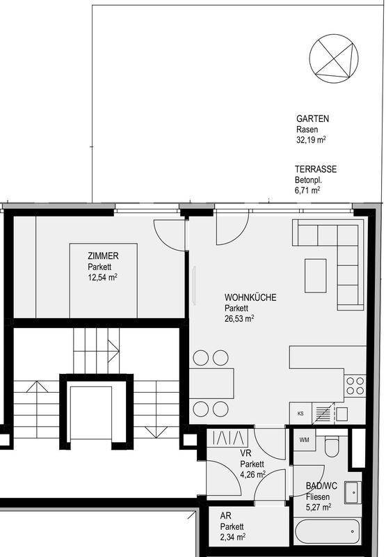 Grundriss einer Erdgeschosswohnung mit Garten, Terrasse, offener Wohnküche und Bad mit Badewanne.