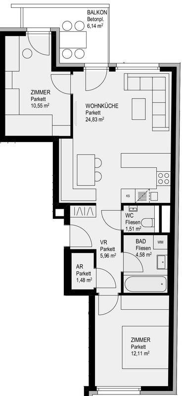 Grundriss einer Wohnung mit Balkon, offener Wohnküche, zwei Zimmern, Bad mit Badewanne und separatem WC.