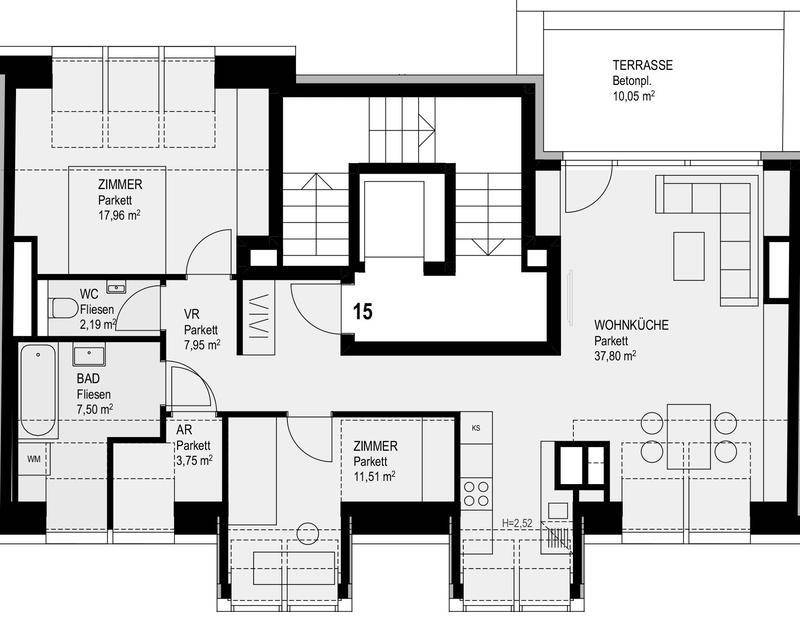 Grundriss einer Wohnung mit offener Wohnküche, zwei Zimmern, Bad, separatem WC und großer Terrasse.