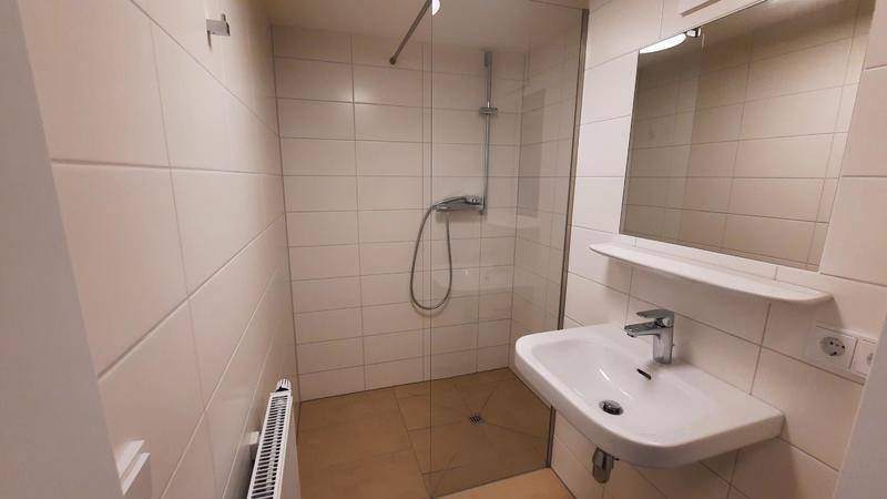 Modernes Badezimmer mit Duschkabine, Waschbecken und weiß gefliesten Wänden.