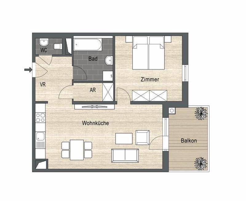 Kompakter Grundriss einer Wohnung mit Wohnküche, einem Zimmer, Bad, WC und Balkon.
