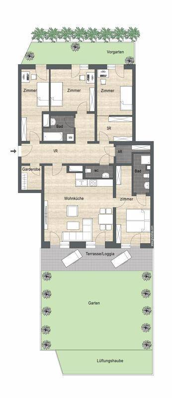 Grundriss einer Erdgeschosswohnung mit Wohnküche, drei Zimmern, Terrasse/Loggia, Garten und Vorgarten.