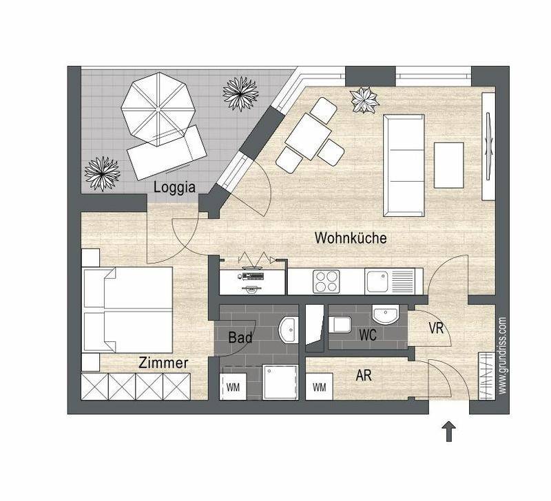 Kompakter Grundriss einer Wohnung mit Wohnküche, einem Zimmer, Bad, WC und Loggia.